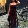 Asymmetrisches Bandeau-Midi-Kleid aus Tüll mit Spitzenbesatz