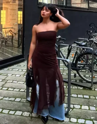 Asymmetrisches Bandeau-Midi-Kleid aus Tüll mit Spitzenbesatz