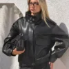 Faux Leather-Jacke mit Stehkragen