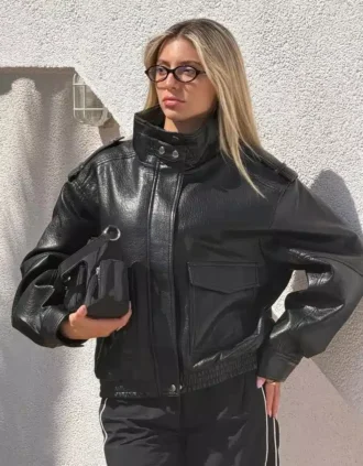 Faux Leather-Jacke mit Stehkragen