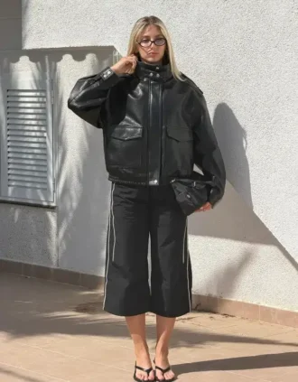Faux Leather-Jacke mit Stehkragen