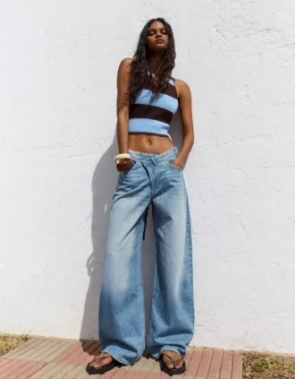 Jeans mit hoher Taille, Wide Leg und gekreuztem Bund – Hose