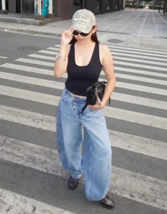 Jeans mit niedriger Leibhöhe, Wide Leg-Bein und Knöpfen vorne