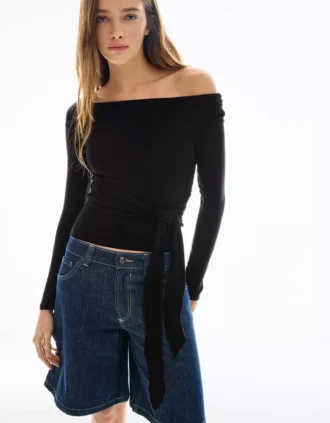Langärmliges, asymmetrisches T-Shirt mit Bindeband