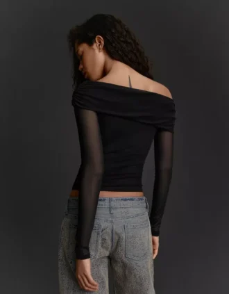 Langärmliges asymmetrisches Tüll-T-Shirt