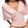 T-Shirt mit gerafftem V-Ausschnitt – Damen